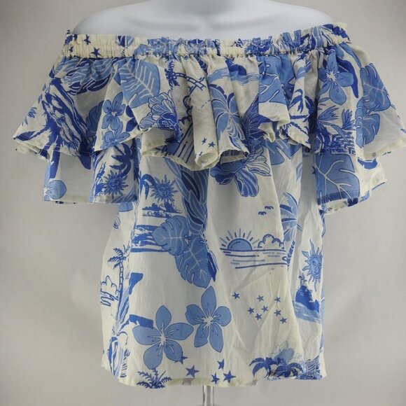 Artelier Nicole Miller Blue White Tropical Off Shoulder Ruffle Top Sz S Boho - Picture 9 of 9